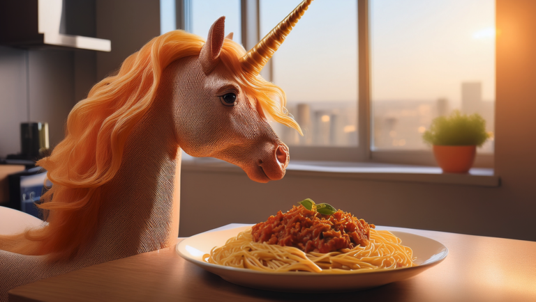 An AI generated photo of a unicorn at a table ready to eat a spaghetti bolognese